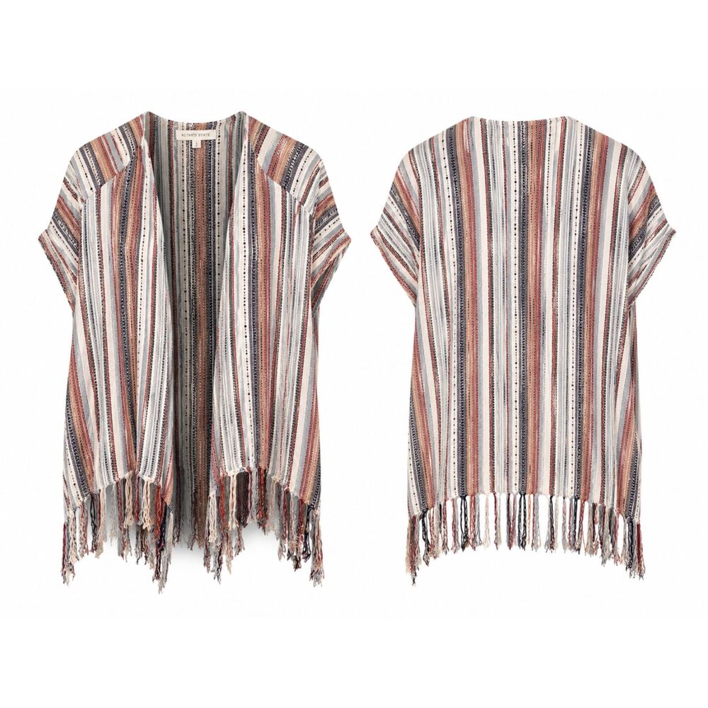 Altar’d State Striped Fringe Open Front Poncho Top Size S Boho Southwestern